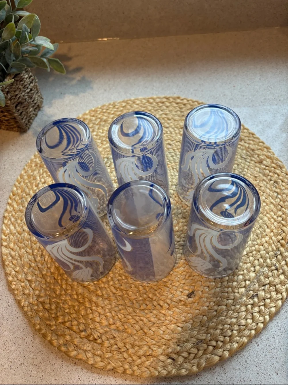(6) Vintage MCM Blue and White Tulip Glasses - 8 oz.